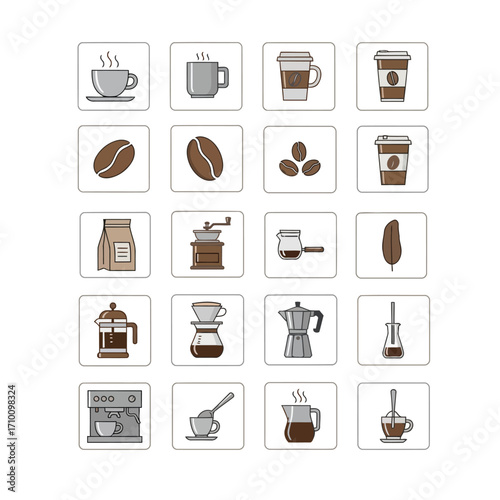 Illustration of coffee icons, featuring cups, beans, and brewing methods for coffee preparation and consumption