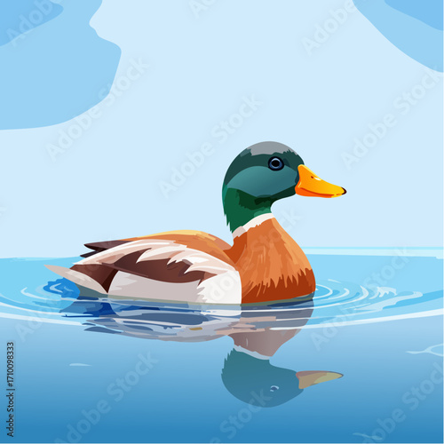 3D Ente, auf See schwimmend, Wasserreflexionen, sonniger Tag, fotorealistisch
