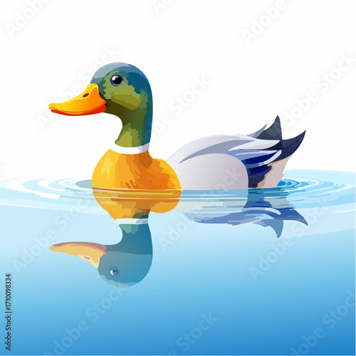 3D Ente, auf See schwimmend, Wasserreflexionen, sonniger Tag, fotorealistisch