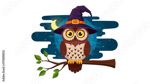 Mystical Owl on a Halloween Night: An enchanting illustration of a wise owl perched on a branch under the glow of a crescent moon, set against a deep, starry night sky.