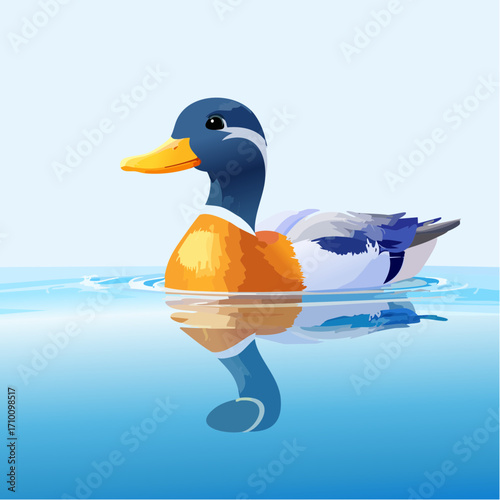 3D Ente, auf See schwimmend, Wasserreflexionen, sonniger Tag, fotorealistisch
