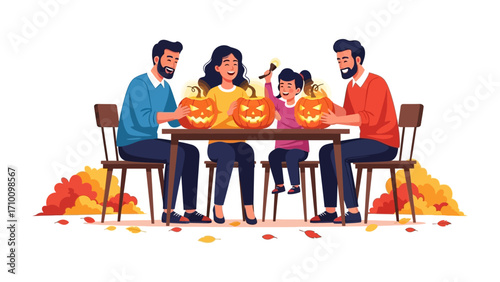 A Family Crafting Pumpkins: A close-knit family enjoys a fun and festive Halloween activity, carving pumpkins together. The warm illustration captures the cozy atmosphere and shared creativity
