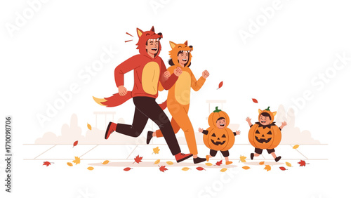 Halloween Family Costume Outing: A family dressed in vibrant fox and pumpkin costumes joyfully skips along, bringing a festive spirit to a lively outdoor scene.