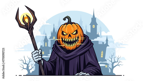 Pumpkin King of Halloween: An imposing Pumpkin King, the embodiment of Halloween, reigns supreme against a haunting silhouette of a castle. The figure, complete with a glowing scepter.