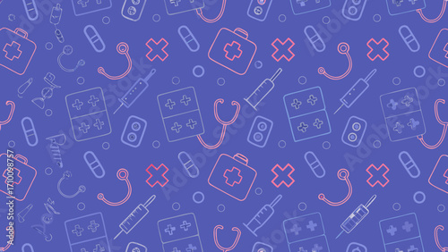 Seamless medical pattern with healthcare symbols on a blue background