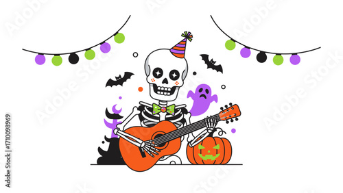 Spooky Serenade: A festive skeleton strums a guitar at a Halloween party, creating a whimsical scene of joy and eerie fun.