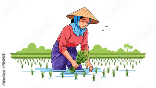 Traditional Cultivation: An illustration captures a farmer toiling in a rice paddy, embodying the essence of agricultural traditions. Depicting a scene of dedicated labor and agricultural beauty.