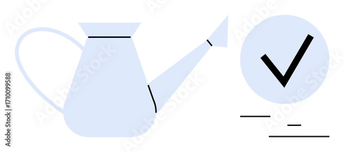 Watering can pouring resources next to a large checkmark. Ideal for growth, completion, productivity, planning, success, goal-setting, sustainable development. Perfect for a simple landing page