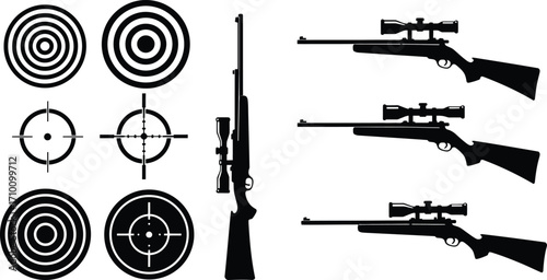 Black silhouettes of sniper rifles targets and crosshairs for precision shooting