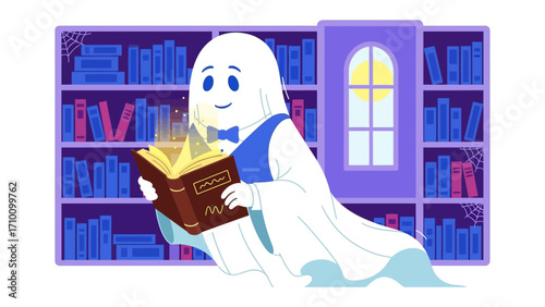 Spooky Storytime: A charming spectral figure, illuminated by a magical book, shares its spectral presence within a quaint library, embodying the essence of literary enchantment.