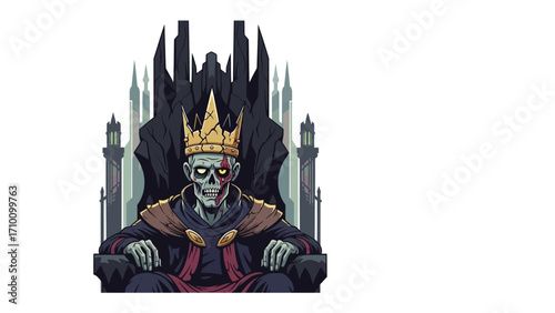 Undead King: A skeletal monarch, adorned with a golden crown and regal attire, sits on a throne, embodying power and authority.