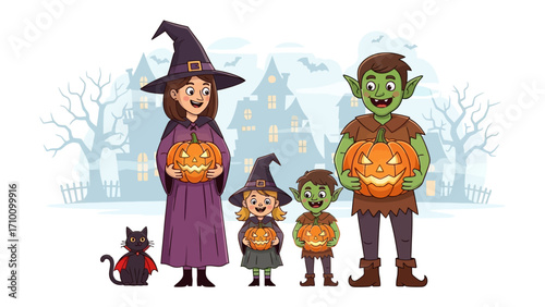 Enchanting Halloween Gathering: A group of friends and family, dressed in creative costumes, and ready to welcome All Hallows' Eve, posing with lit Jack O'Lanterns against a haunted house setting.