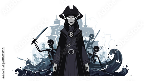 Dark Corsair's Resolve: A formidable pirate stands resolute amid a stormy sea, surrounded by ghostly skeletal figures and ships, evoking a sense of mystery and power. 