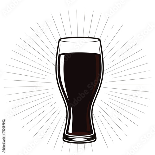 Vector art of a glass of dark beer with radiating light, suggesting refreshment and a rich, flavorful experience