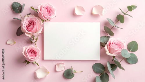 A delicate pink floral frame of roses and leaves surrounds a blank card, perfect for a love-filled greeting or Valentine's Day design