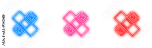A collection of colorful neon bandage icons in a cross shape, representing medical aid and healthcare, isolated on a transparent background for design use