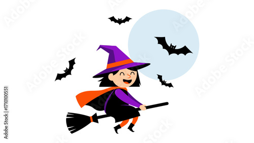Whimsical Witch's Flight: A cheerful witch with purple hat, orange cape, and joyous expression soars through the night sky on her broom. Surrounded by playful bats and a luminous full moon.