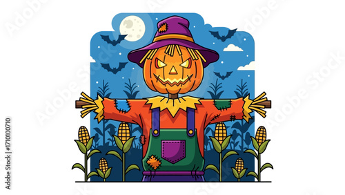 Scary scarecrow on Halloween night: An artistic depiction of a spooky scarecrow crafted from a pumpkin for the Halloween occasion, standing amidst a cornfield beneath the ominous light of a full moon.