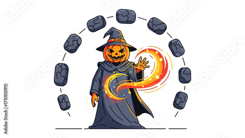 Halloween Pumpkin Mage Conjuring: A whimsical illustration of a pumpkin-headed mage, adorned in a dark robe and pointed hat, conjuring a glowing crescent with magical energy.