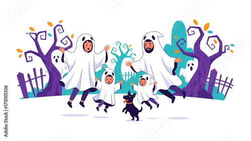 Halloween Family Fun: A family dressed as friendly ghosts, full of festive spirit and camaraderie, celebrates Halloween with a playful and delightful interaction against a backdrop of whimsical trees.