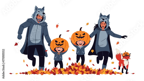 Family Fun: A family dressed in unique Halloween costumes, joyfully celebrating the festive season with carved pumpkins and autumnal leaves. 