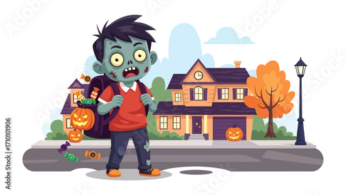 Halloween Zombie at the Doorstep: A cheerfully illustrated zombie youth, full of energy, proudly stands on a festive street corner with a backpack filled with candies and pumpkins.