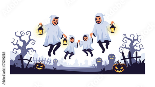 Halloween family: Capturing the festive family gathering, a family embraces the spirit of Halloween, adorned in classic ghost costumes. This illustration, with its charming appeal.