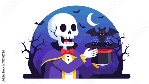 Halloween Conjuration: A skeletal figure, attired in formal dress, performs a magical conjuration.