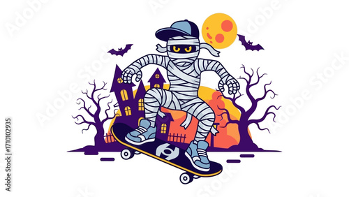 Mummy Skateboarding in Halloween: A daring mummy takes center stage, skateboarding with flair under a full moon, bats, and ominous trees.