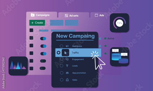 Digital Marketing Campaign on Computer Screen – Online Advertising Platform with Audience Targeting - Vector Illustration
