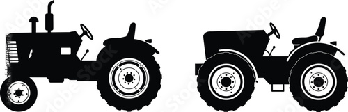 Two vintage tractors in silhouette side view agricultural machinery design