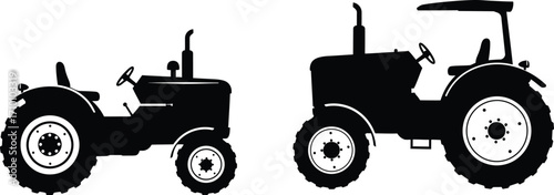 Black and white silhouettes depicting two vintage farming tractors side by side