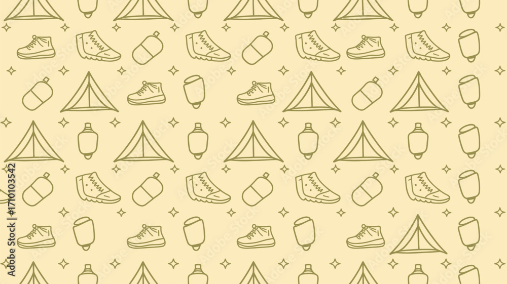 Obraz premium Beige background with repeating tent, shoe, bottle, and lantern outline drawings and star accents