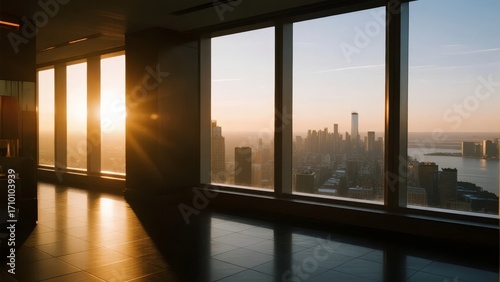 Sunset view from a high-rise window overlooking a city skyline and waterfront