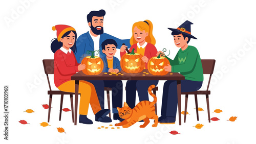 Family Fun: A lively family, gathered around a table adorned with jack-o'-lanterns, eagerly carves pumpkins together, embodying the heartwarming spirit of Halloween, fostering joyous moments.