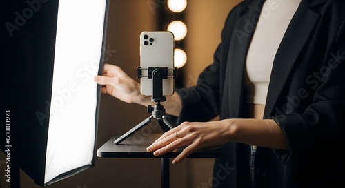Content creator setting up a smartphone on a tripod for a video or live stream