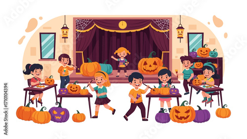 Halloween Festivities: Children carve pumpkins and prepare for Halloween, creating a joyful and festive atmosphere. 