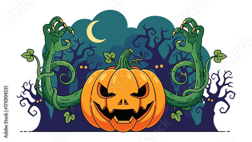 Spooky Pumpkin's Embrace: A carved jack-o'-lantern radiates a chilling grin as vines twist and reach from its sides, forming a sinister hug, set against a hauntingly dark backdrop with moon.
