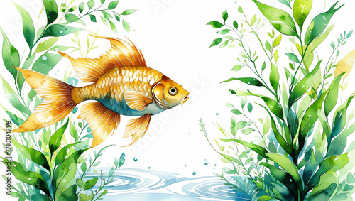 A vibrant illustrated frame with a colorful border of stylized fish and seaweed on a white background.  Great for children's designs or banner.