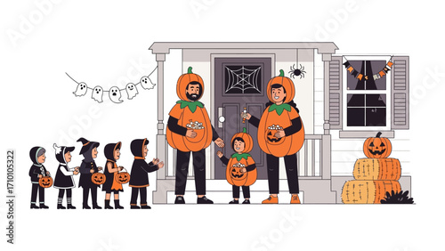 Halloween Trick-or-Treat: A delightful Halloween scene unfolds as costumed children line up for trick-or-treating, facing a welcoming family in matching pumpkin costumes by a decorated house.