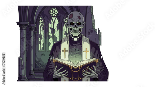 Spectral Sermon: An ethereal skeleton priest, cloaked in liturgical vestments, presides over an ancient tome within a gothic cathedral, evoking an atmosphere of mystery and the supernatural.