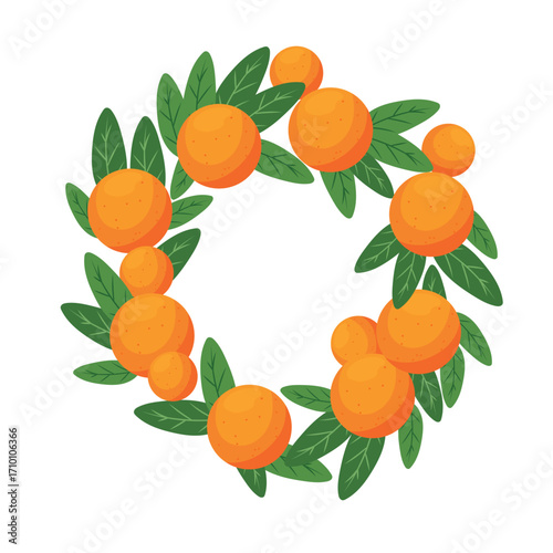Wreath with orange and leaves. Flat vector clipart illustration with isolated background.