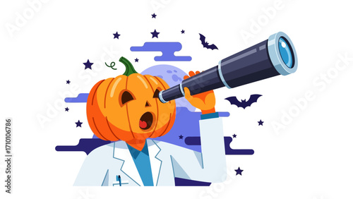 Halloween Pumpkin Scientist: An illustrated image depicts a pumpkin-headed scientist peering through a telescope during a spooky Halloween night.