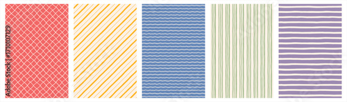 Hand drawn geometric abstract rectangle backgrounds set, collection. Doodle, uneven lines, straight and diagonal pinstripes, stripes, bars, streaks, waves. Check, plaid, striped regular patterns