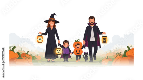 Halloween Family Fun: A charming family of four, dressed in festive costumes, strolls through a pumpkin-filled landscape, hand in hand, carrying Jack-o'-lanterns in a whimsical, vibrant.