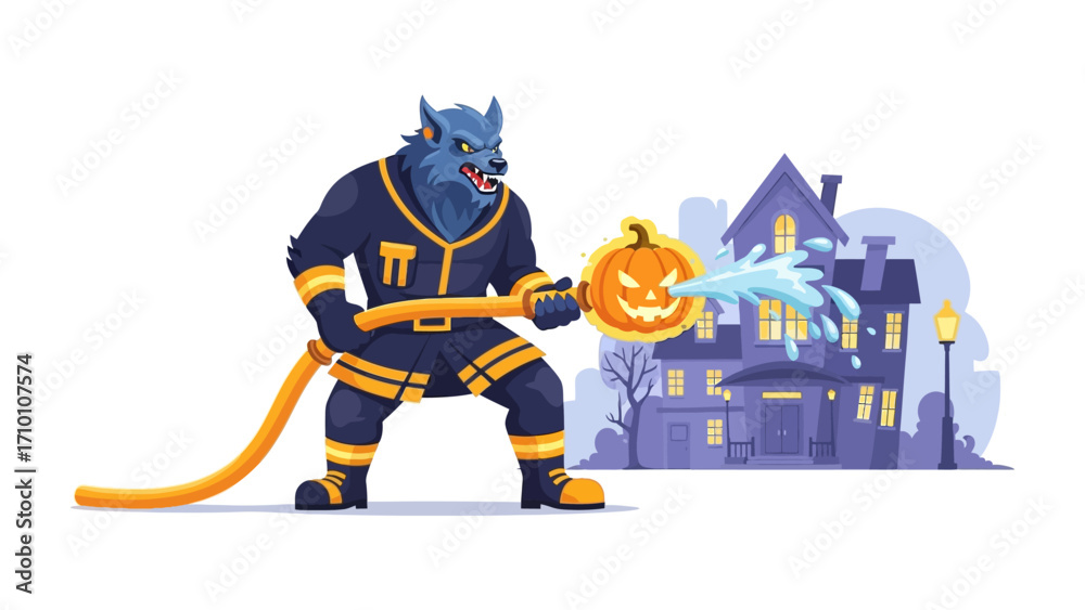 Fototapeta premium Halloween Horror: A courageous werewolf firefighter fearlessly tackles a haunted house, armed with a pumpkin-shaped water cannon. Witness the blend of spookiness and bravery.