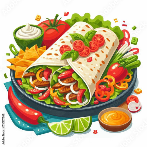 Cartoon burritos on a black plate with various accompaniments