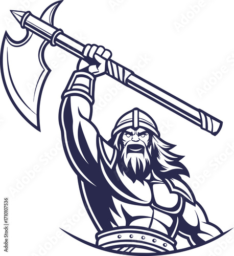 Illustration of a viking warrior raising an axe for nordic mythology and historical adventure