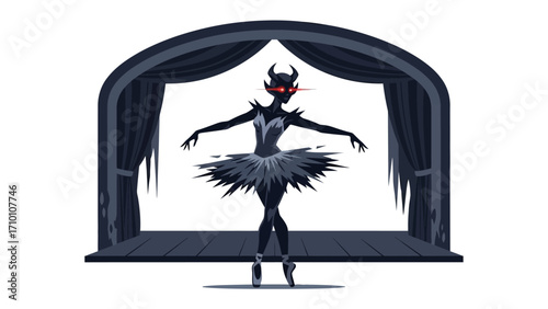 Black Swan: A captivating and enigmatic ballet dancer, cloaked in a striking black dress, gracefully strikes a pose on stage with an evocative gothic and dark style.