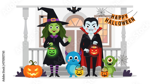 Happy Halloween Gathering: A delightful ensemble of spooky characters gathers in a festive Halloween scene, radiating fun and charm.